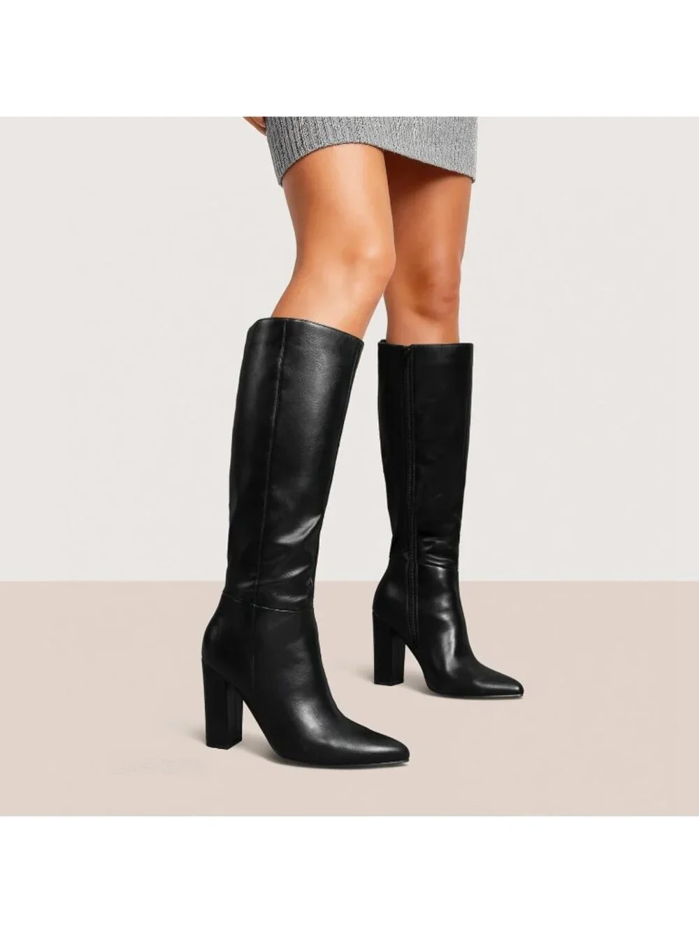 Women's Black Faux Leather Chunky Heel Pointed Toe Side Zipper Knee High Boots